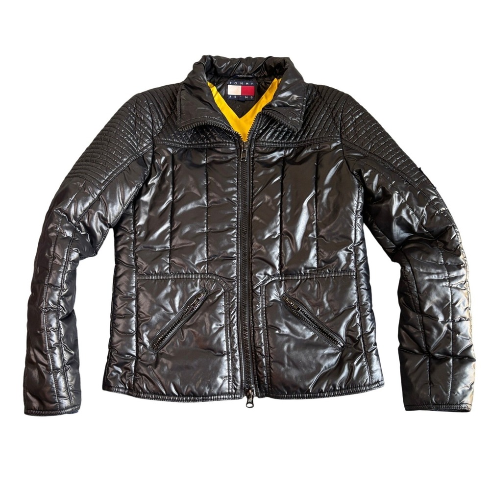 Tommy Jeans Black Puffer Jacket Quilted Moto Style Size S Women's‎ Coat